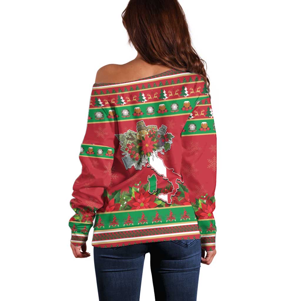 Italy Christmas Off Shoulder Sweater Italian Map Poinsettia - Wonder Print Shop