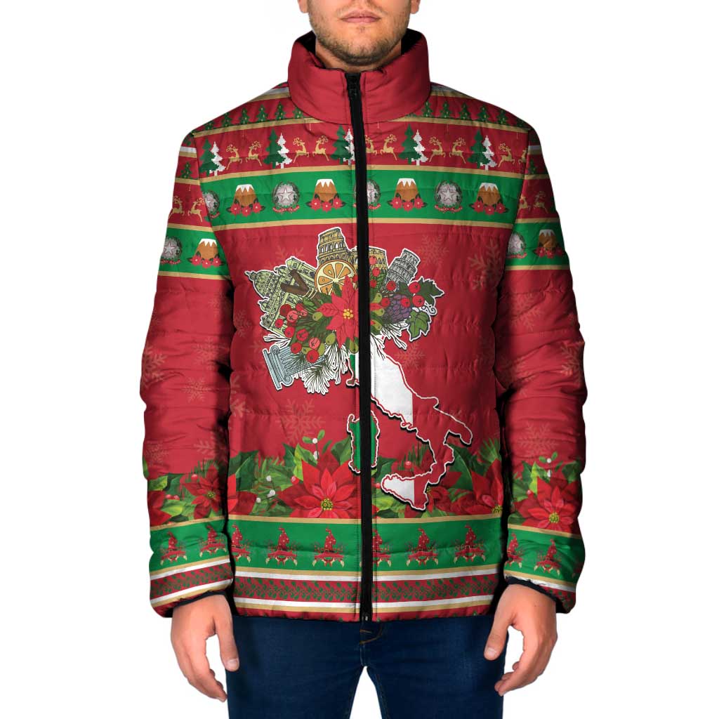 Italy Christmas Padded Jacket Italian Map Poinsettia - Wonder Print Shop