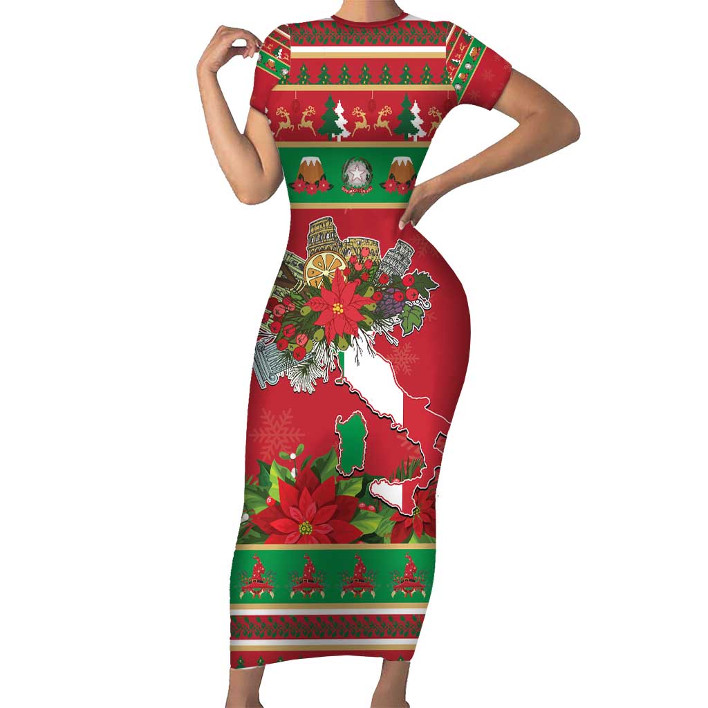 Italy Christmas Short Sleeve Bodycon Dress Italian Map Poinsettia - Wonder Print Shop