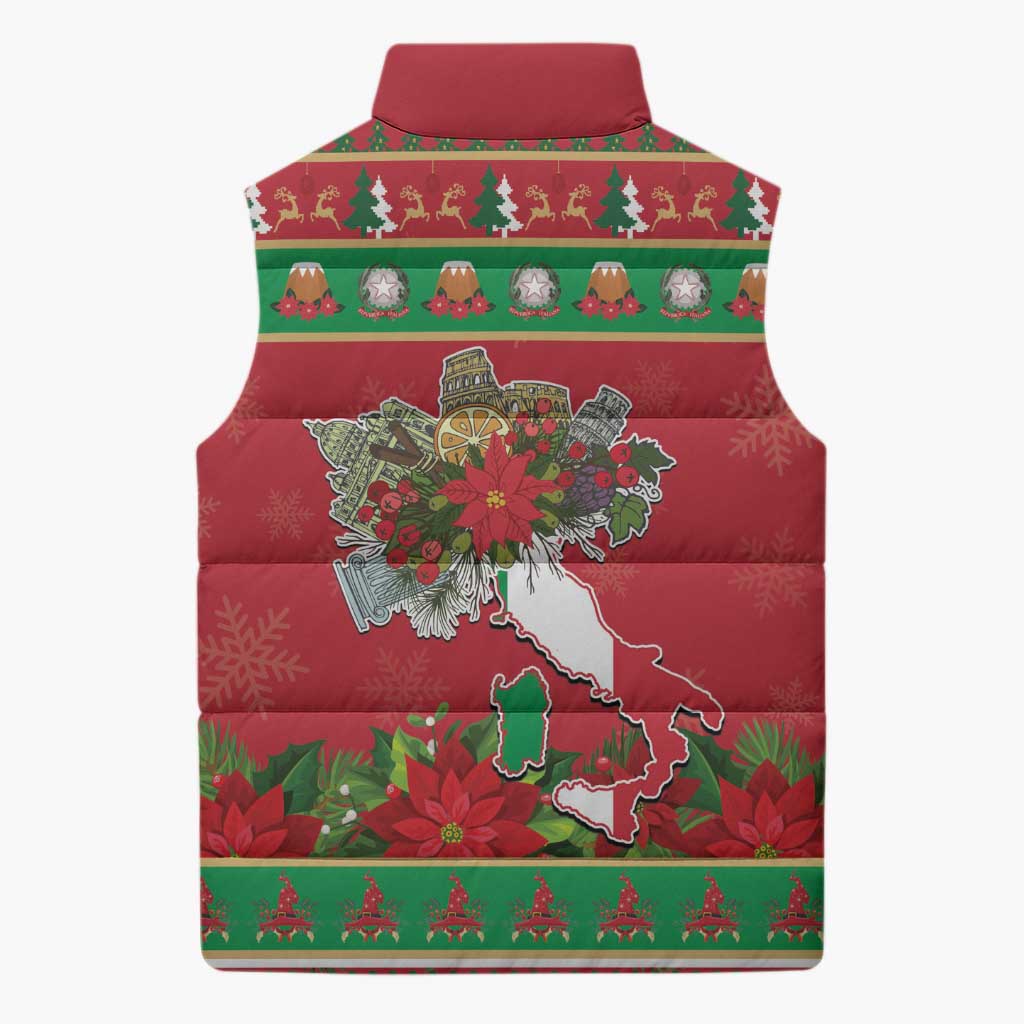 Italy Christmas Sleeveless Puffer Jacket Italian Map Poinsettia - Wonder Print Shop