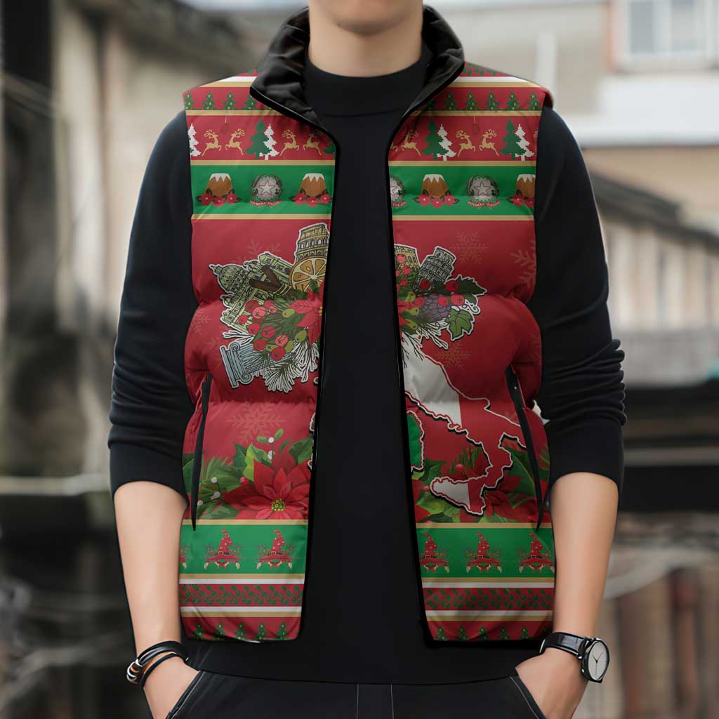 Italy Christmas Sleeveless Puffer Jacket Italian Map Poinsettia - Wonder Print Shop