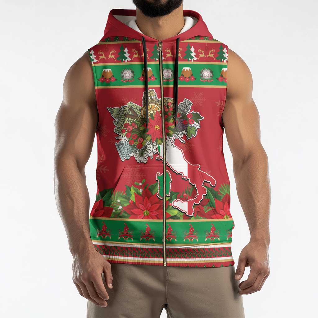 Italy Christmas Sleeveless Zip Hoodie Italian Map Poinsettia - Wonder Print Shop