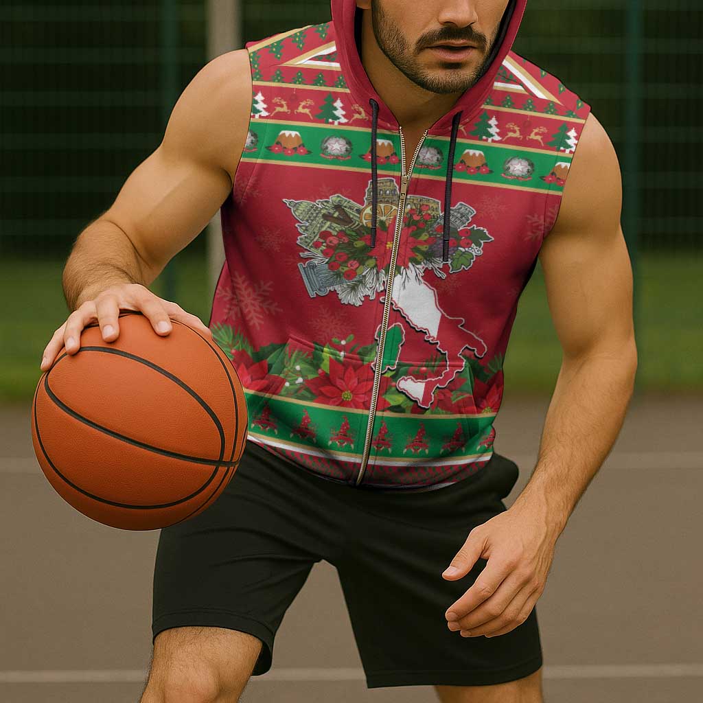 Italy Christmas Sleeveless Zip Hoodie Italian Map Poinsettia - Wonder Print Shop