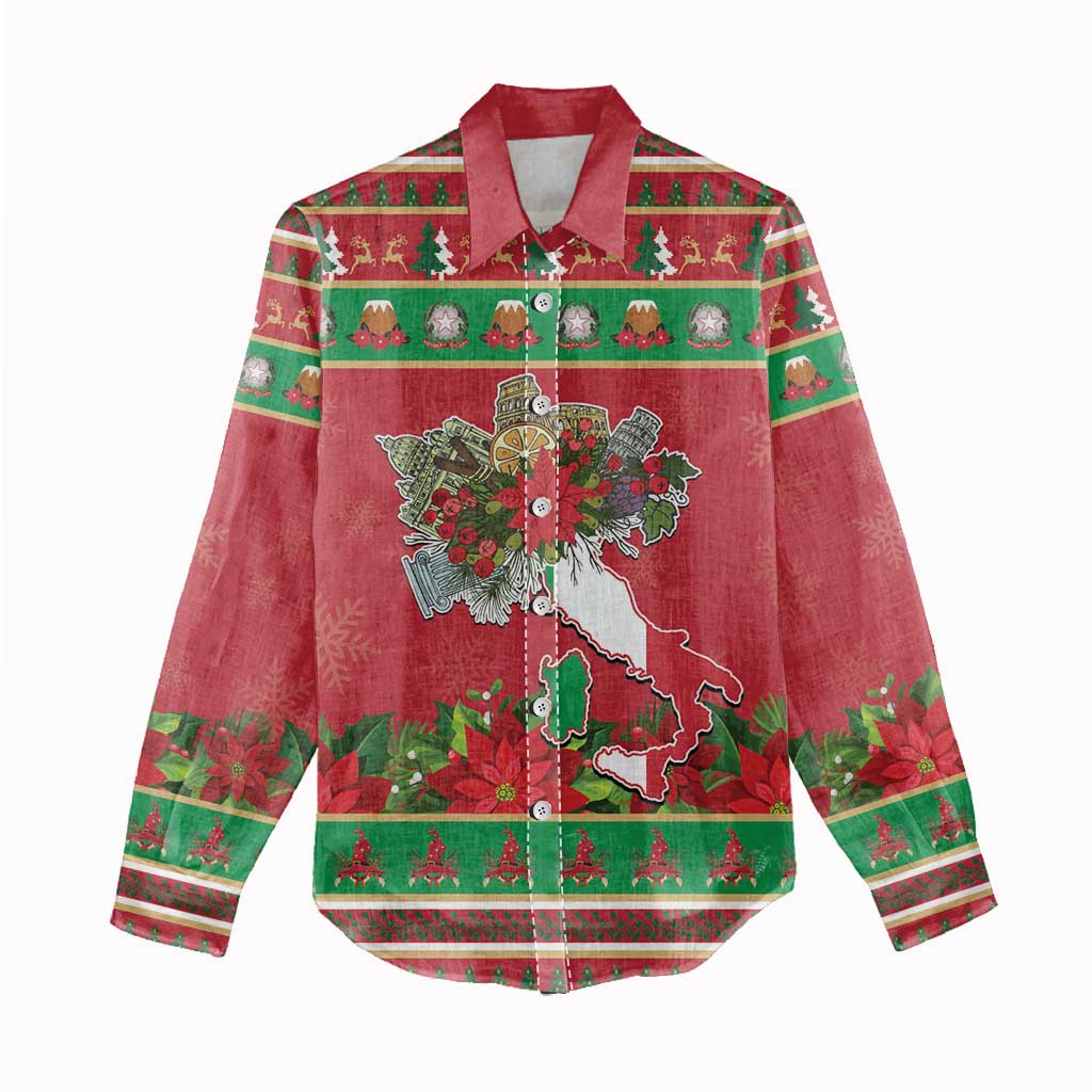 Italy Christmas Women Casual Shirt Italian Map Poinsettia - Wonder Print Shop