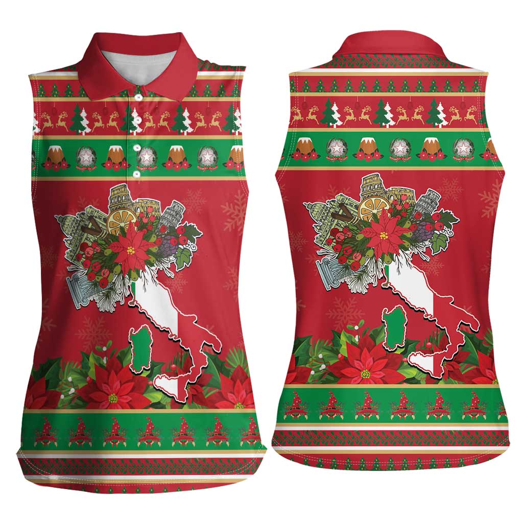 Italy Christmas Women Sleeveless Polo Shirt Italian Map Poinsettia - Wonder Print Shop