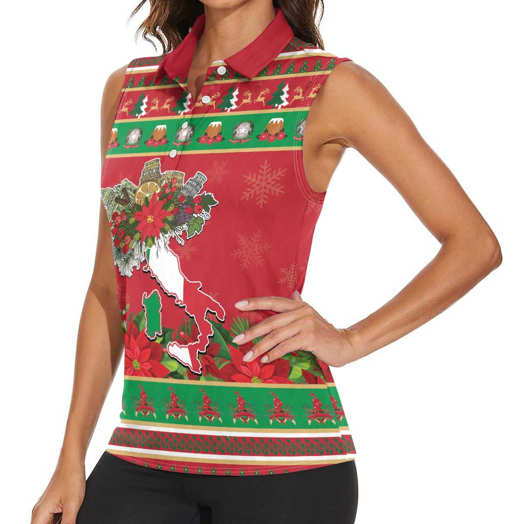 Italy Christmas Women Sleeveless Polo Shirt Italian Map Poinsettia - Wonder Print Shop