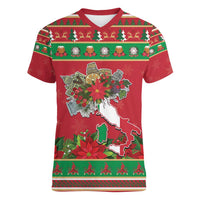 Italy Christmas Women V-Neck T-Shirt Italian Map Poinsettia - Wonder Print Shop