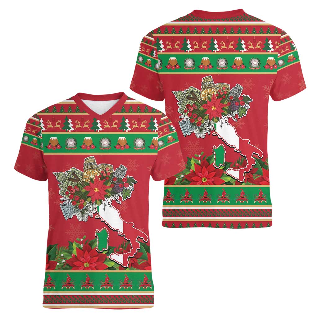 Italy Christmas Women V-Neck T-Shirt Italian Map Poinsettia - Wonder Print Shop