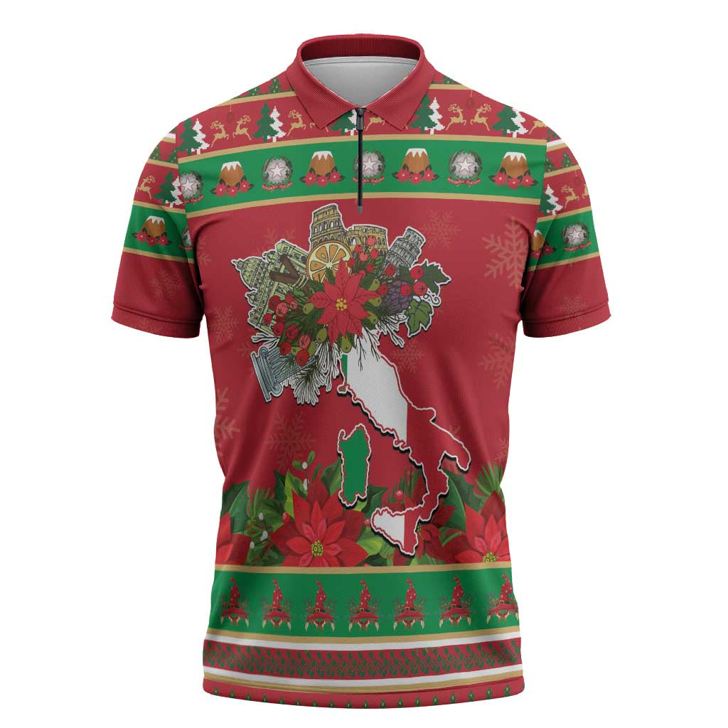 Italy Christmas Zipper Polo Shirt Italian Map Poinsettia - Wonder Print Shop