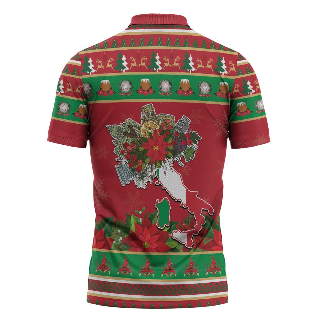 Italy Christmas Zipper Polo Shirt Italian Map Poinsettia - Wonder Print Shop