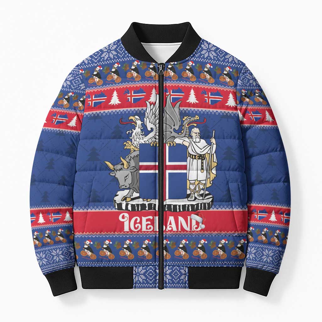 Iceland Christmas Bomber Puffer Jacket Coat Of Arms Christmas Pattern - Wonder Print Shop