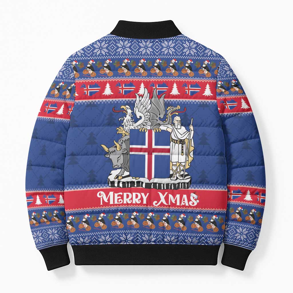 Iceland Christmas Bomber Puffer Jacket Coat Of Arms Christmas Pattern - Wonder Print Shop
