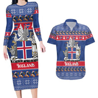 Iceland Christmas Couples Matching Long Sleeve Bodycon Dress and Hawaiian Shirt Coat Of Arms Christmas Pattern - Wonder Print Shop