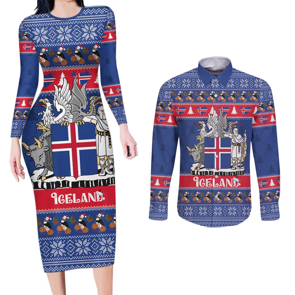 Iceland Christmas Couples Matching Long Sleeve Bodycon Dress and Long Sleeve Button Shirt Coat Of Arms Christmas Pattern - Wonder Print Shop