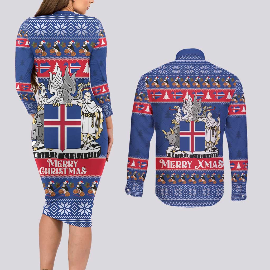 Iceland Christmas Couples Matching Long Sleeve Bodycon Dress and Long Sleeve Button Shirt Coat Of Arms Christmas Pattern - Wonder Print Shop