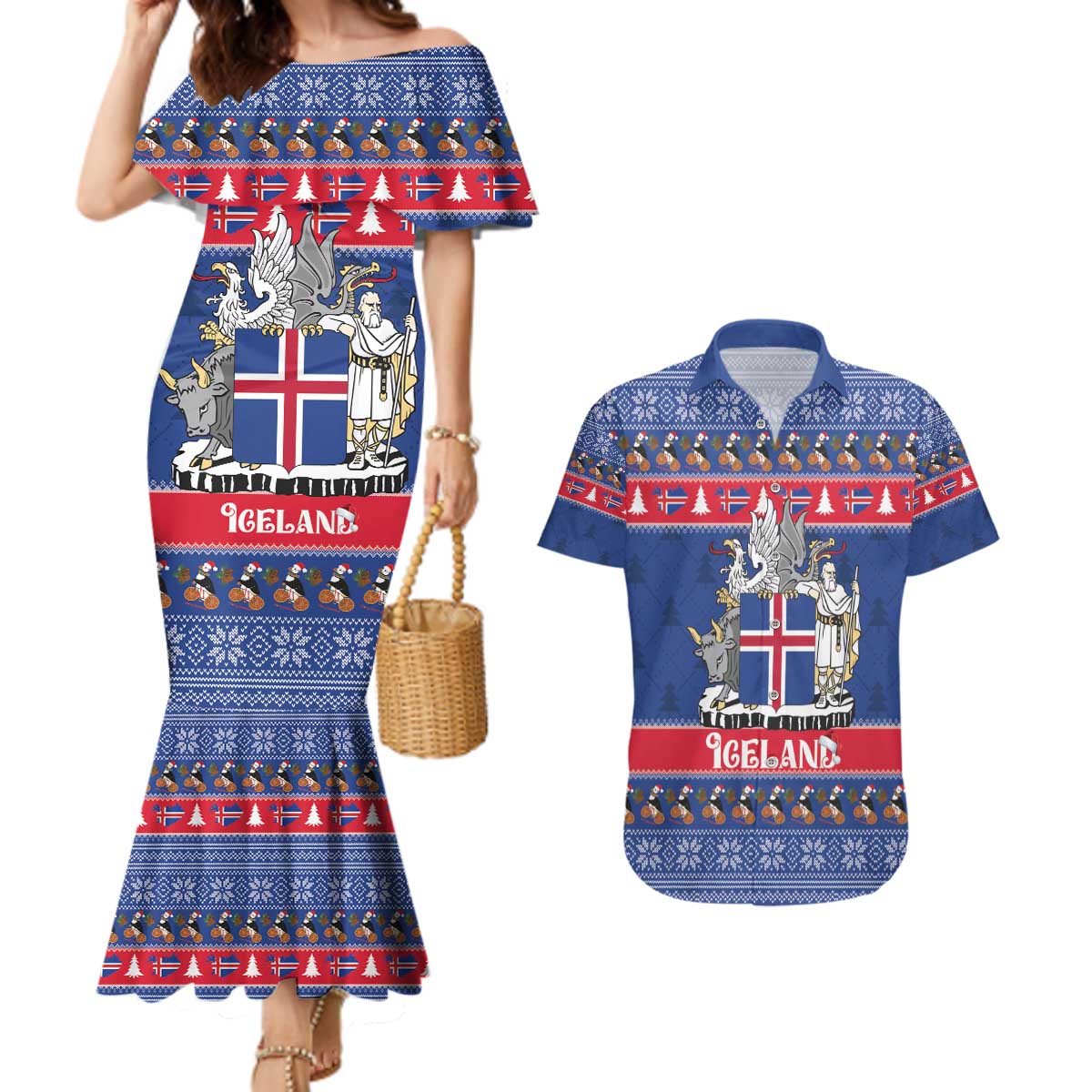 Iceland Christmas Couples Matching Mermaid Dress and Hawaiian Shirt Coat Of Arms Christmas Pattern - Wonder Print Shop
