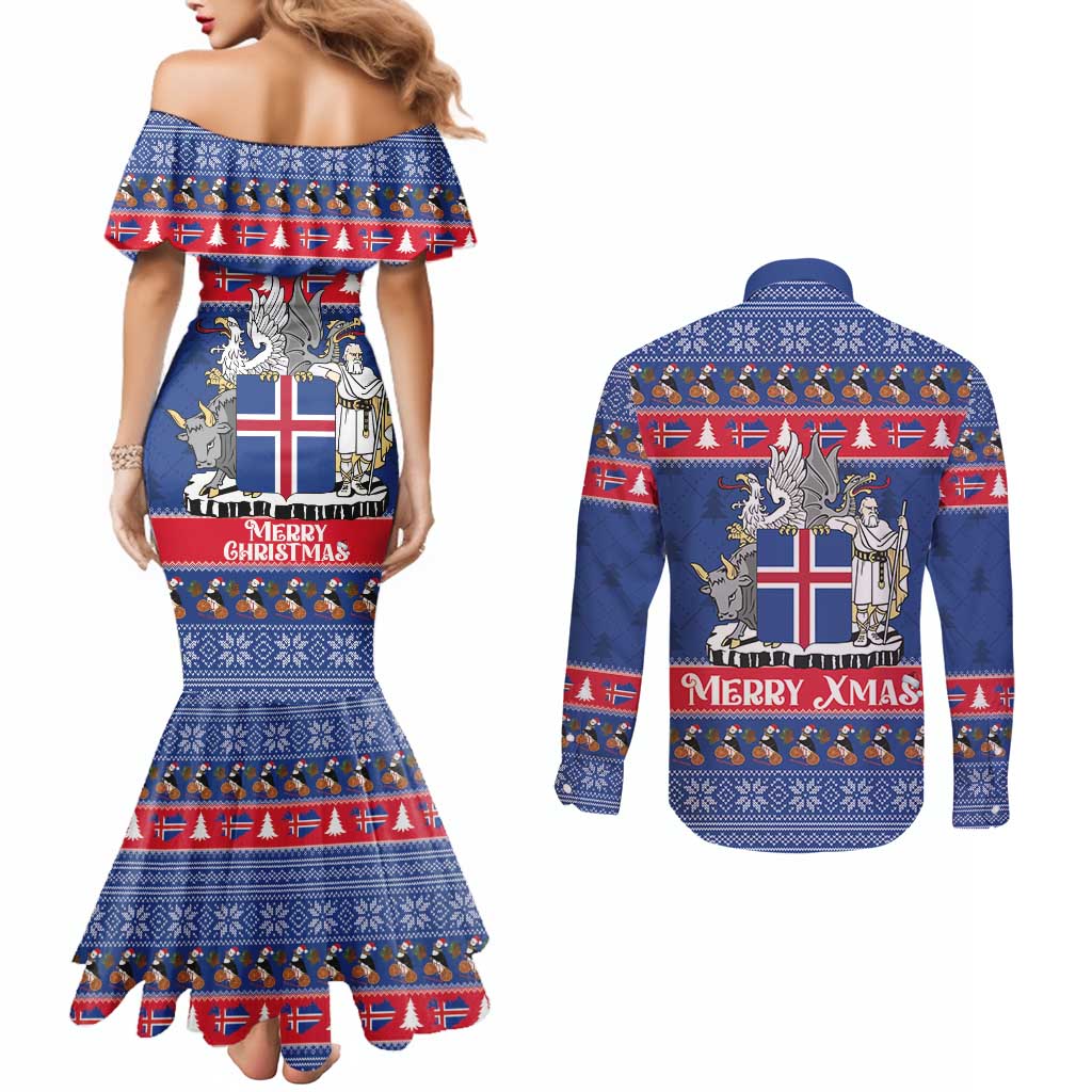 Iceland Christmas Couples Matching Mermaid Dress and Long Sleeve Button Shirt Coat Of Arms Christmas Pattern - Wonder Print Shop