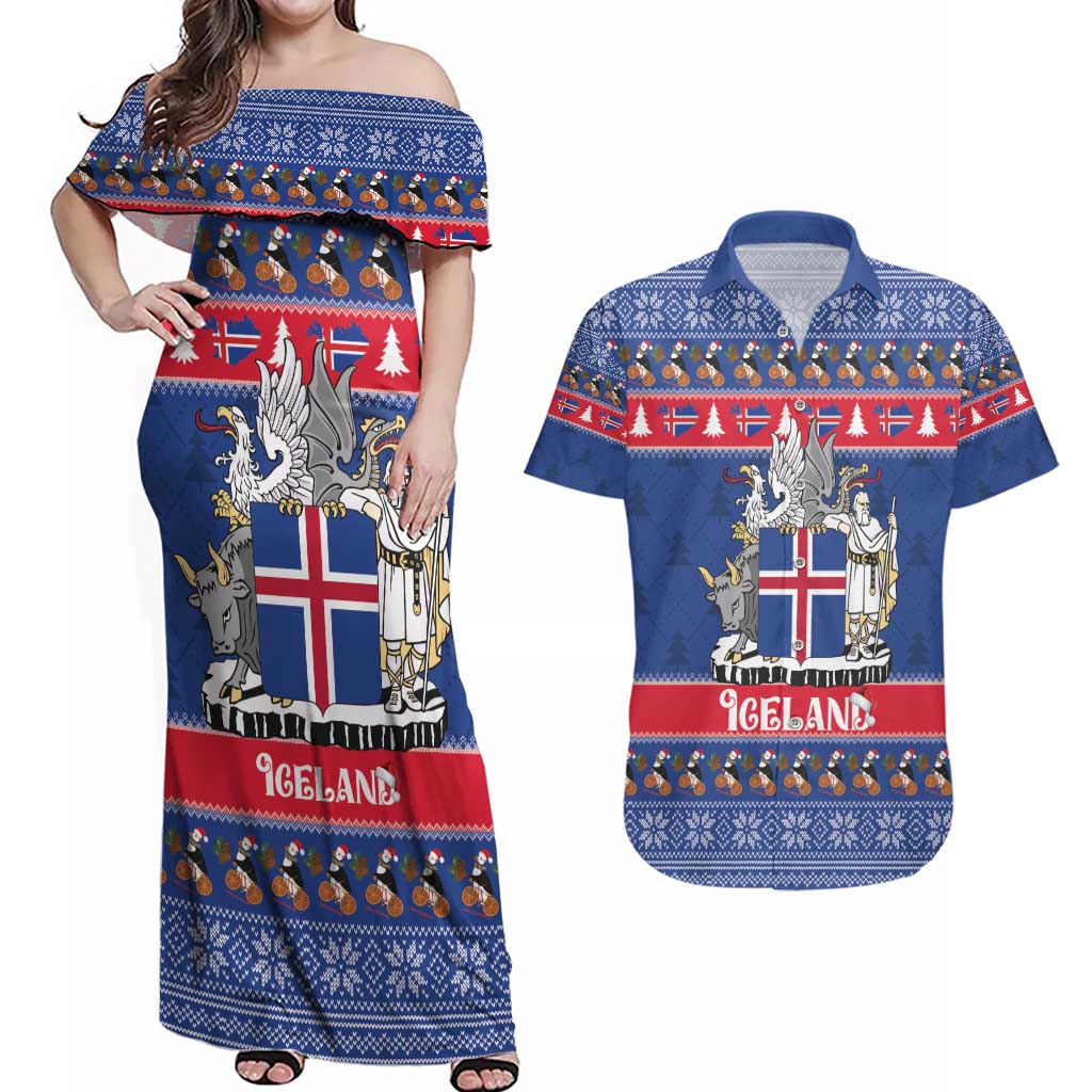 Iceland Christmas Couples Matching Off Shoulder Maxi Dress and Hawaiian Shirt Coat Of Arms Christmas Pattern - Wonder Print Shop