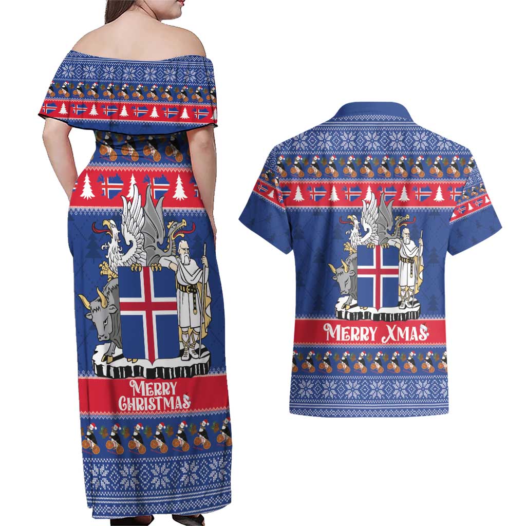 Iceland Christmas Couples Matching Off Shoulder Maxi Dress and Hawaiian Shirt Coat Of Arms Christmas Pattern - Wonder Print Shop