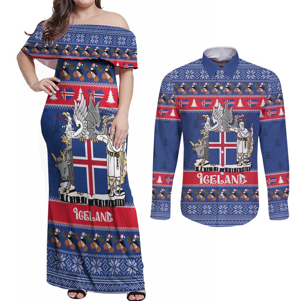 Iceland Christmas Couples Matching Off Shoulder Maxi Dress and Long Sleeve Button Shirt Coat Of Arms Christmas Pattern - Wonder Print Shop