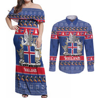 Iceland Christmas Couples Matching Off Shoulder Maxi Dress and Long Sleeve Button Shirt Coat Of Arms Christmas Pattern - Wonder Print Shop