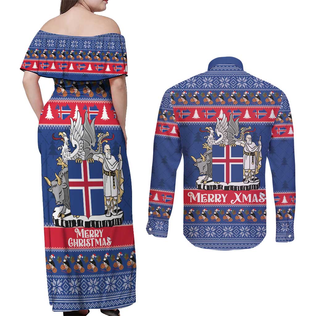 Iceland Christmas Couples Matching Off Shoulder Maxi Dress and Long Sleeve Button Shirt Coat Of Arms Christmas Pattern - Wonder Print Shop