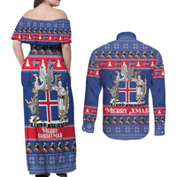 Iceland Christmas Couples Matching Off Shoulder Maxi Dress and Long Sleeve Button Shirt Coat Of Arms Christmas Pattern - Wonder Print Shop