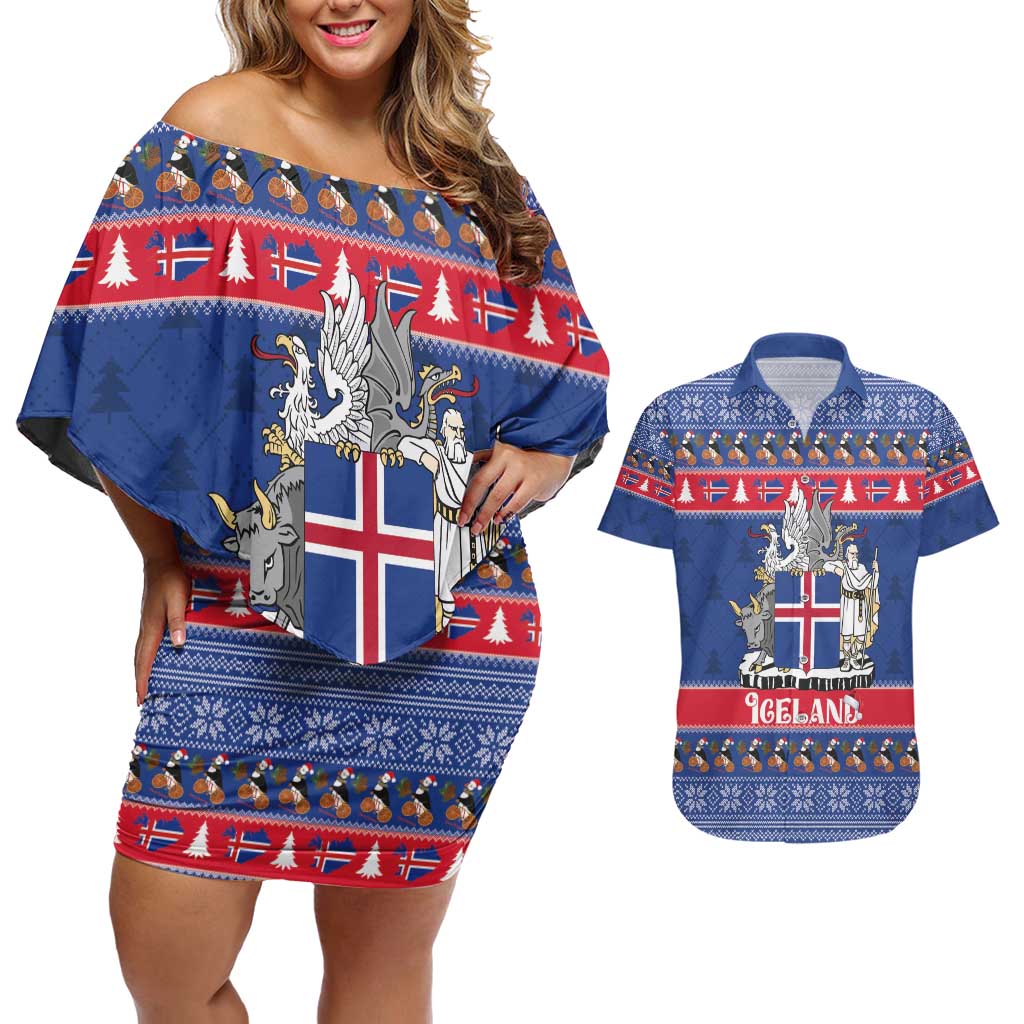 Iceland Christmas Couples Matching Off Shoulder Short Dress and Hawaiian Shirt Coat Of Arms Christmas Pattern - Wonder Print Shop
