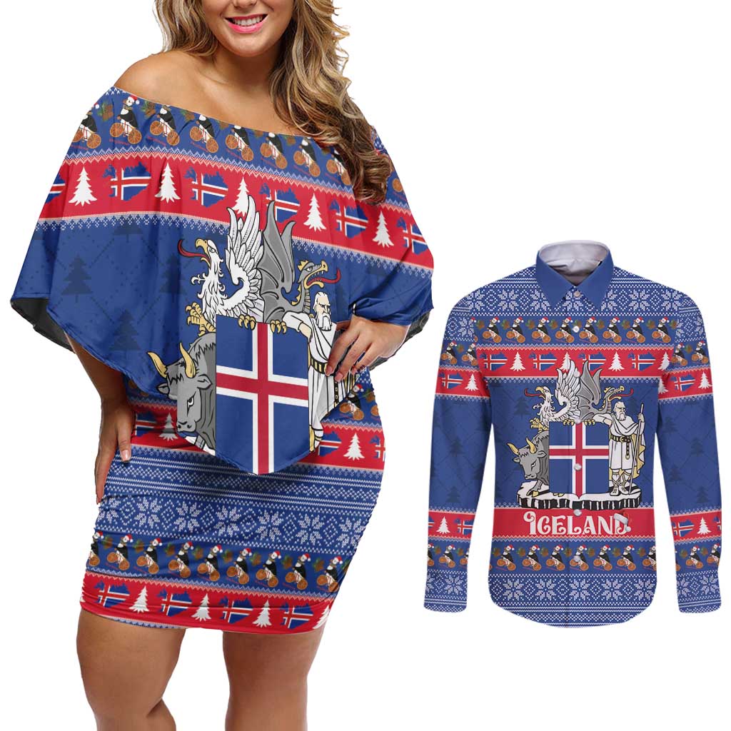 Iceland Christmas Couples Matching Off Shoulder Short Dress and Long Sleeve Button Shirt Coat Of Arms Christmas Pattern - Wonder Print Shop
