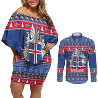 Iceland Christmas Couples Matching Off Shoulder Short Dress and Long Sleeve Button Shirt Coat Of Arms Christmas Pattern - Wonder Print Shop