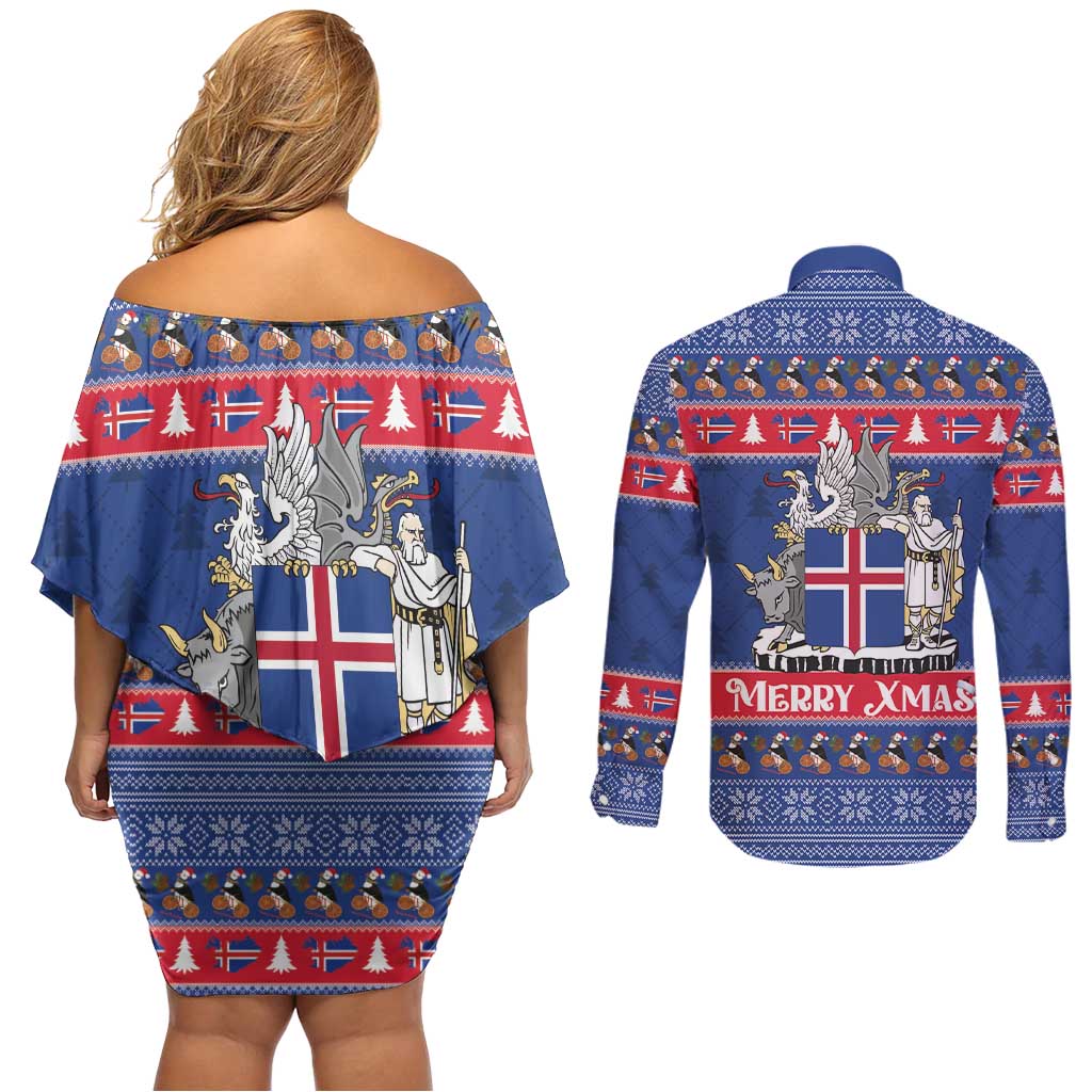 Iceland Christmas Couples Matching Off Shoulder Short Dress and Long Sleeve Button Shirt Coat Of Arms Christmas Pattern - Wonder Print Shop