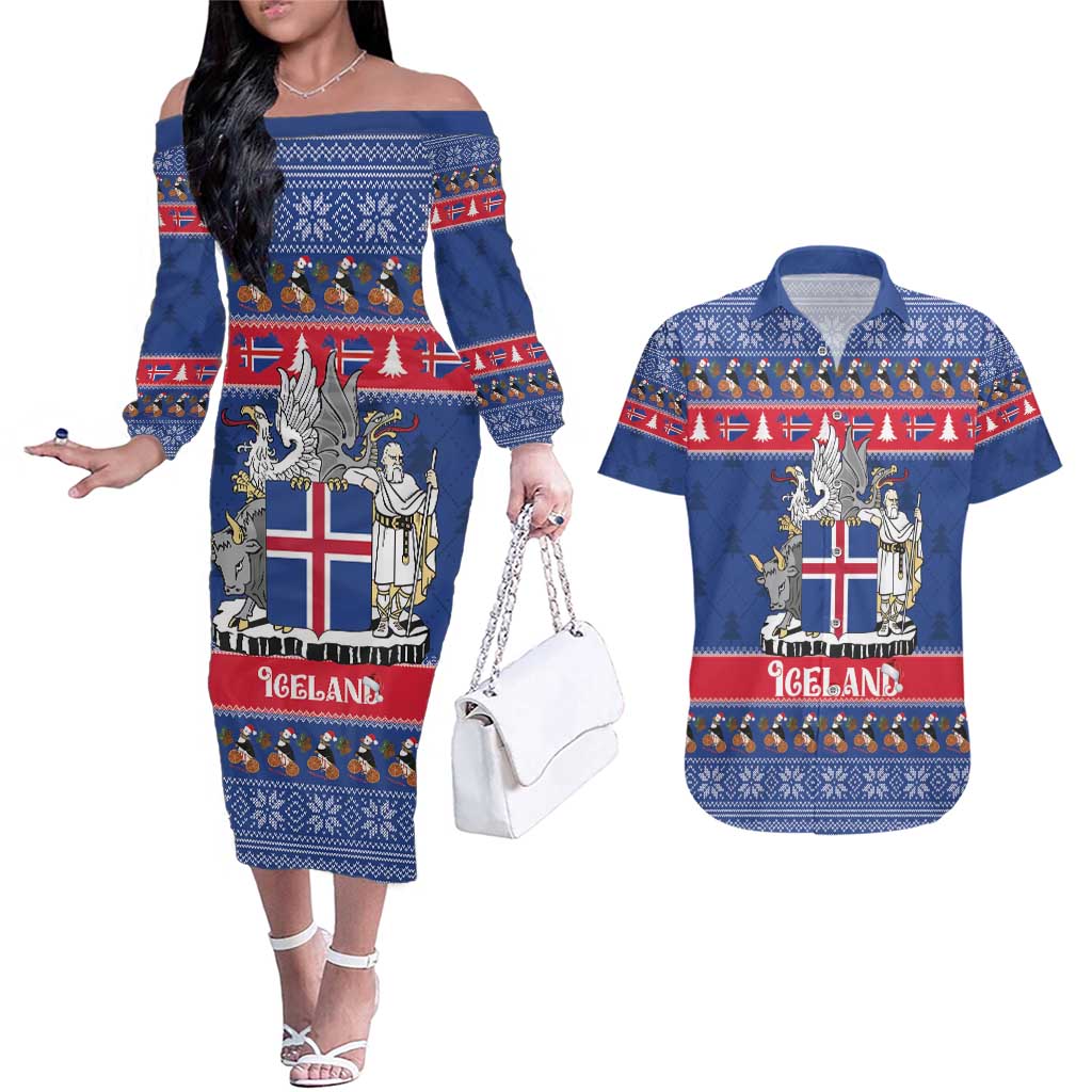 Iceland Christmas Couples Matching Off The Shoulder Long Sleeve Dress and Hawaiian Shirt Coat Of Arms Christmas Pattern - Wonder Print Shop