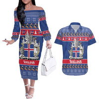 Iceland Christmas Couples Matching Off The Shoulder Long Sleeve Dress and Hawaiian Shirt Coat Of Arms Christmas Pattern - Wonder Print Shop