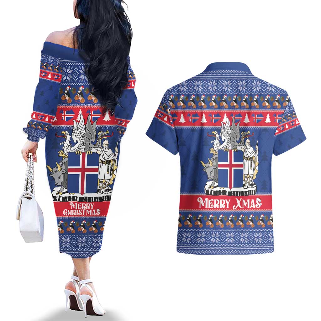 Iceland Christmas Couples Matching Off The Shoulder Long Sleeve Dress and Hawaiian Shirt Coat Of Arms Christmas Pattern - Wonder Print Shop
