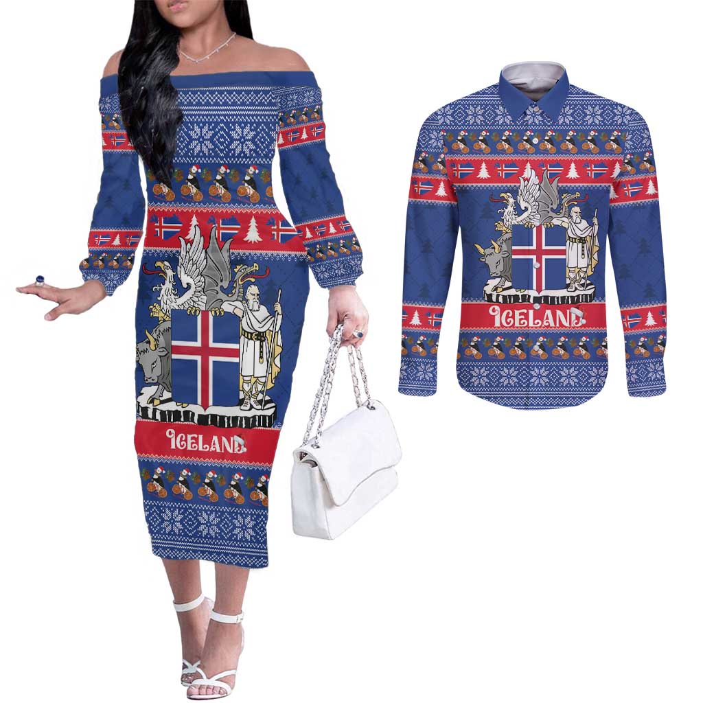 Iceland Christmas Couples Matching Off The Shoulder Long Sleeve Dress and Long Sleeve Button Shirt Coat Of Arms Christmas Pattern - Wonder Print Shop