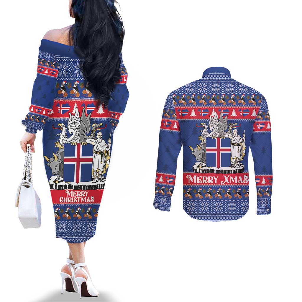 Iceland Christmas Couples Matching Off The Shoulder Long Sleeve Dress and Long Sleeve Button Shirt Coat Of Arms Christmas Pattern - Wonder Print Shop