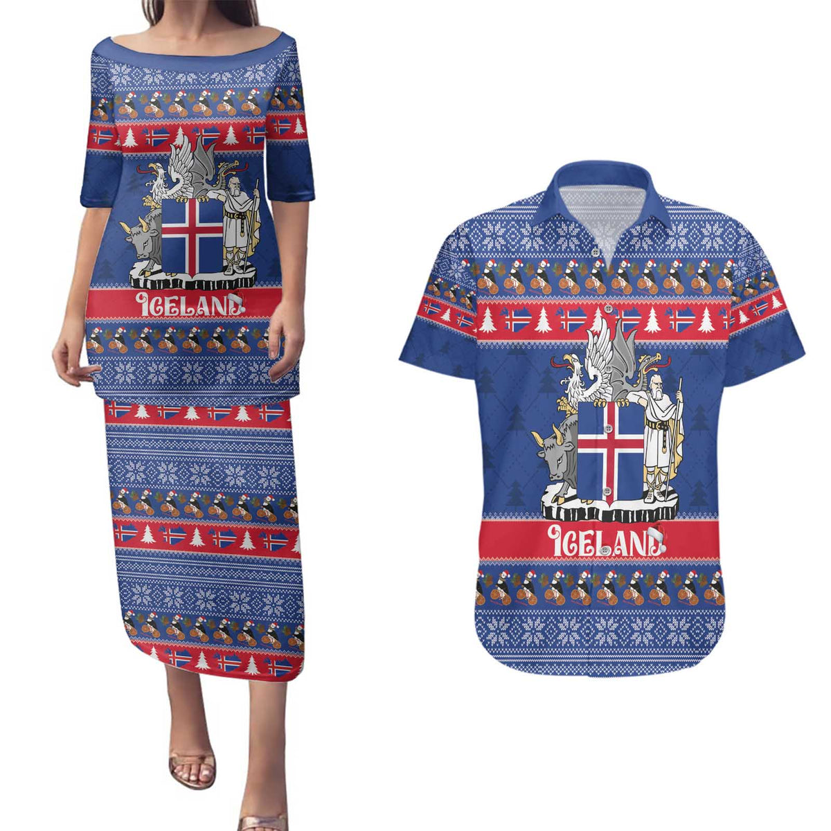 Iceland Christmas Couples Matching Puletasi and Hawaiian Shirt Coat Of Arms Christmas Pattern - Wonder Print Shop