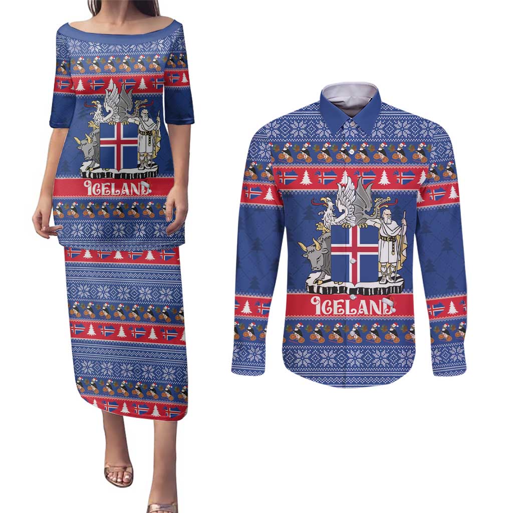 Iceland Christmas Couples Matching Puletasi and Long Sleeve Button Shirt Coat Of Arms Christmas Pattern - Wonder Print Shop