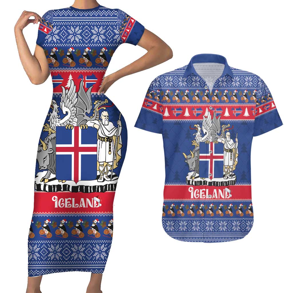 Iceland Christmas Couples Matching Short Sleeve Bodycon Dress and Hawaiian Shirt Coat Of Arms Christmas Pattern - Wonder Print Shop