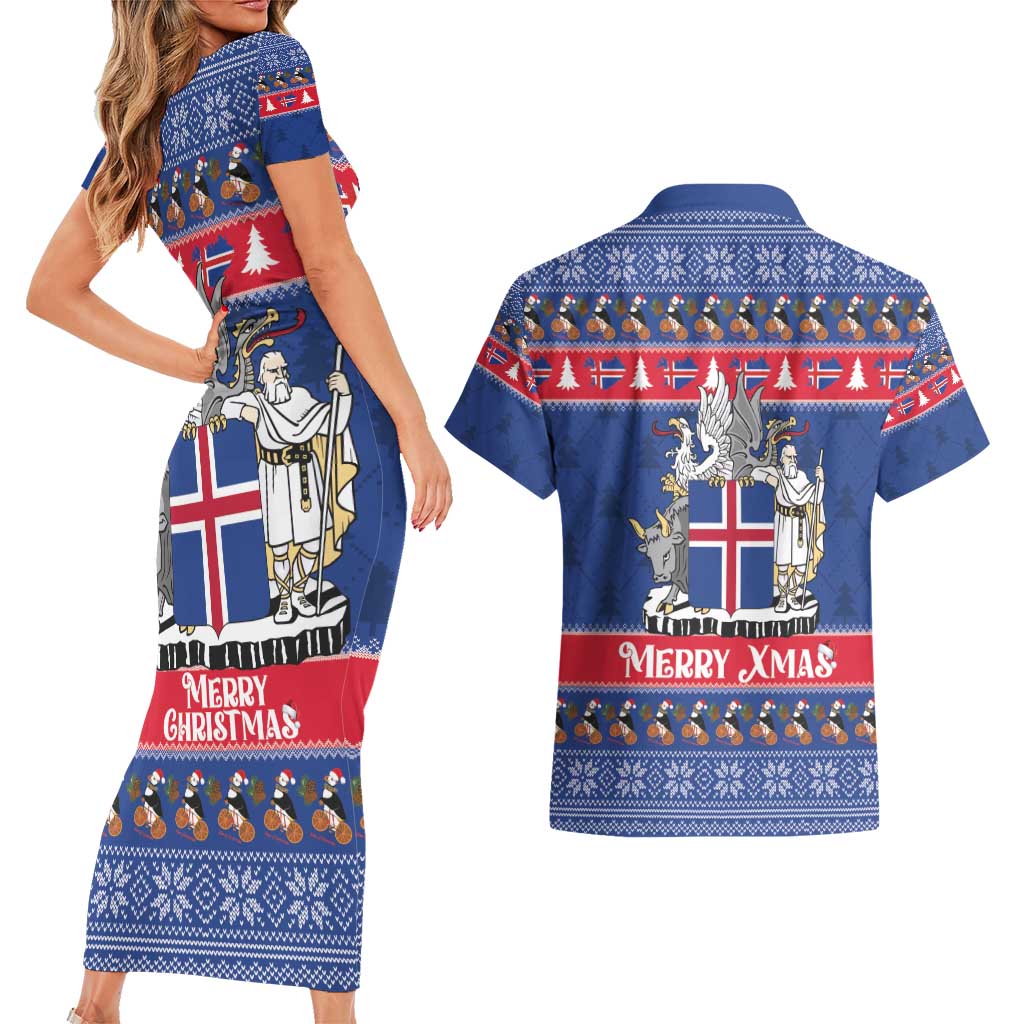 Iceland Christmas Couples Matching Short Sleeve Bodycon Dress and Hawaiian Shirt Coat Of Arms Christmas Pattern - Wonder Print Shop