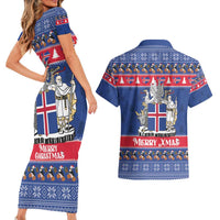 Iceland Christmas Couples Matching Short Sleeve Bodycon Dress and Hawaiian Shirt Coat Of Arms Christmas Pattern - Wonder Print Shop