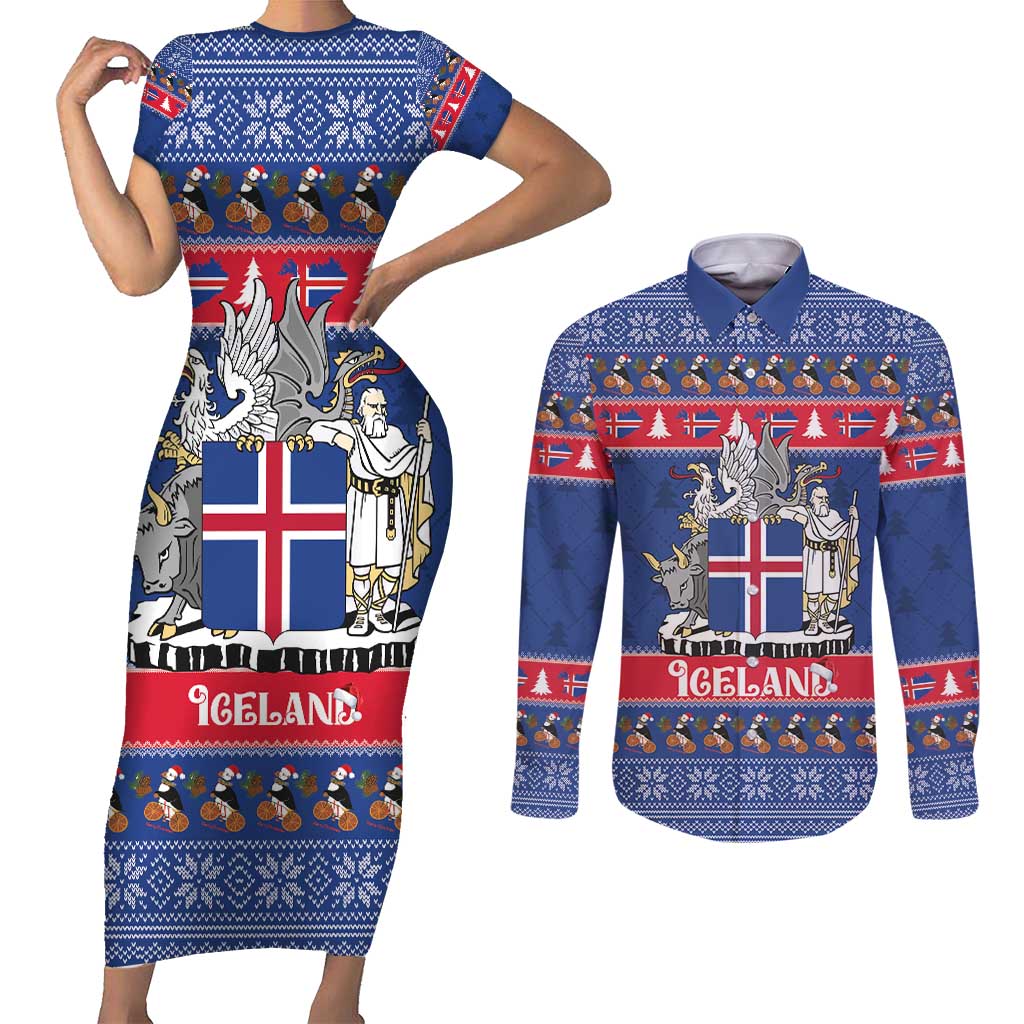 Iceland Christmas Couples Matching Short Sleeve Bodycon Dress and Long Sleeve Button Shirt Coat Of Arms Christmas Pattern - Wonder Print Shop