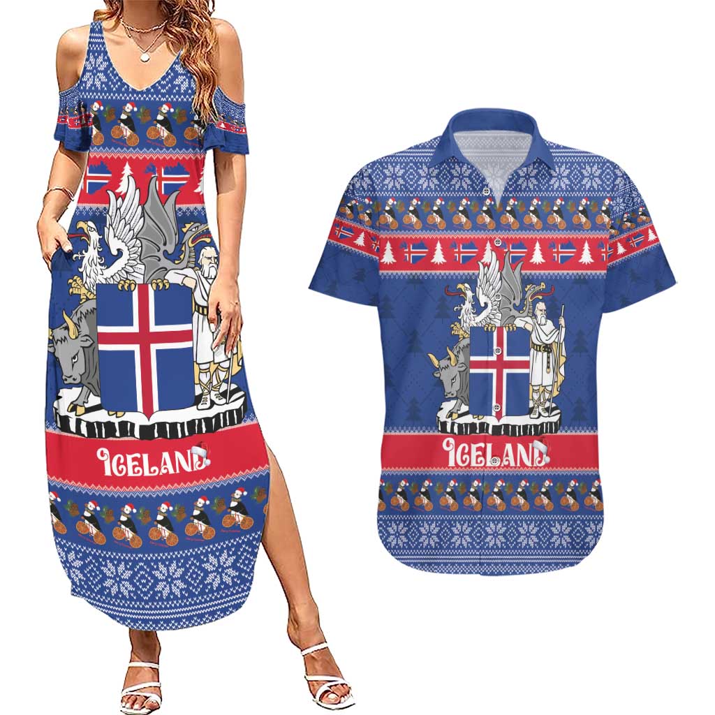 Iceland Christmas Couples Matching Summer Maxi Dress and Hawaiian Shirt Coat Of Arms Christmas Pattern - Wonder Print Shop
