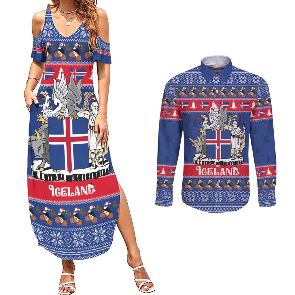 Iceland Christmas Couples Matching Summer Maxi Dress and Long Sleeve Button Shirt Coat Of Arms Christmas Pattern - Wonder Print Shop