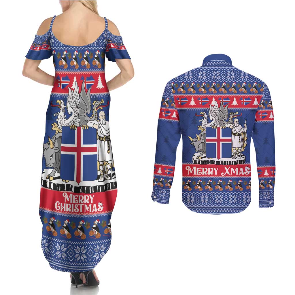 Iceland Christmas Couples Matching Summer Maxi Dress and Long Sleeve Button Shirt Coat Of Arms Christmas Pattern - Wonder Print Shop
