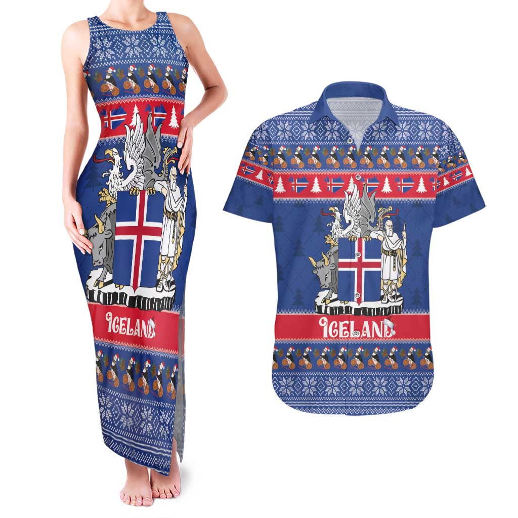 Iceland Christmas Couples Matching Tank Maxi Dress and Hawaiian Shirt Coat Of Arms Christmas Pattern - Wonder Print Shop