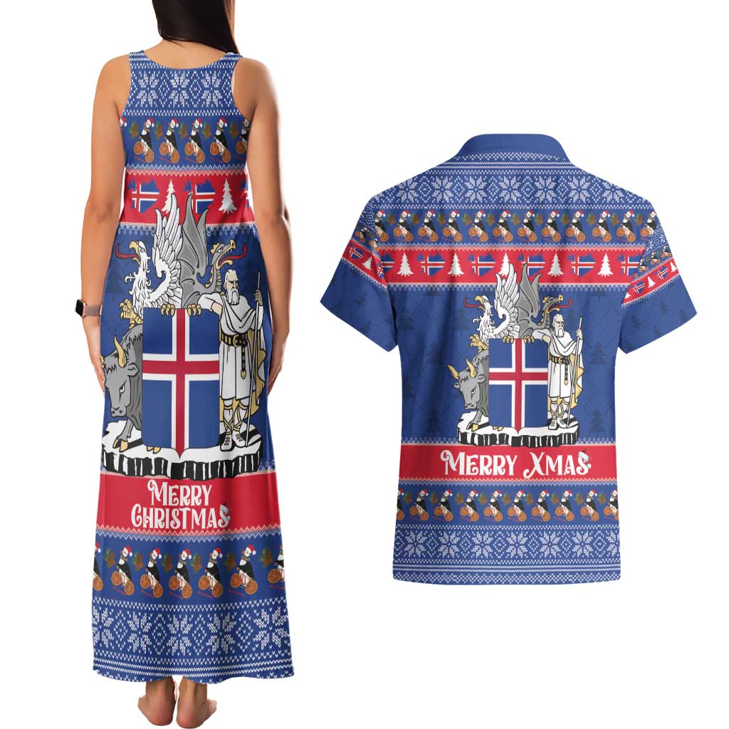 Iceland Christmas Couples Matching Tank Maxi Dress and Hawaiian Shirt Coat Of Arms Christmas Pattern - Wonder Print Shop