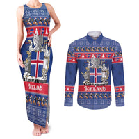 Iceland Christmas Couples Matching Tank Maxi Dress and Long Sleeve Button Shirt Coat Of Arms Christmas Pattern - Wonder Print Shop