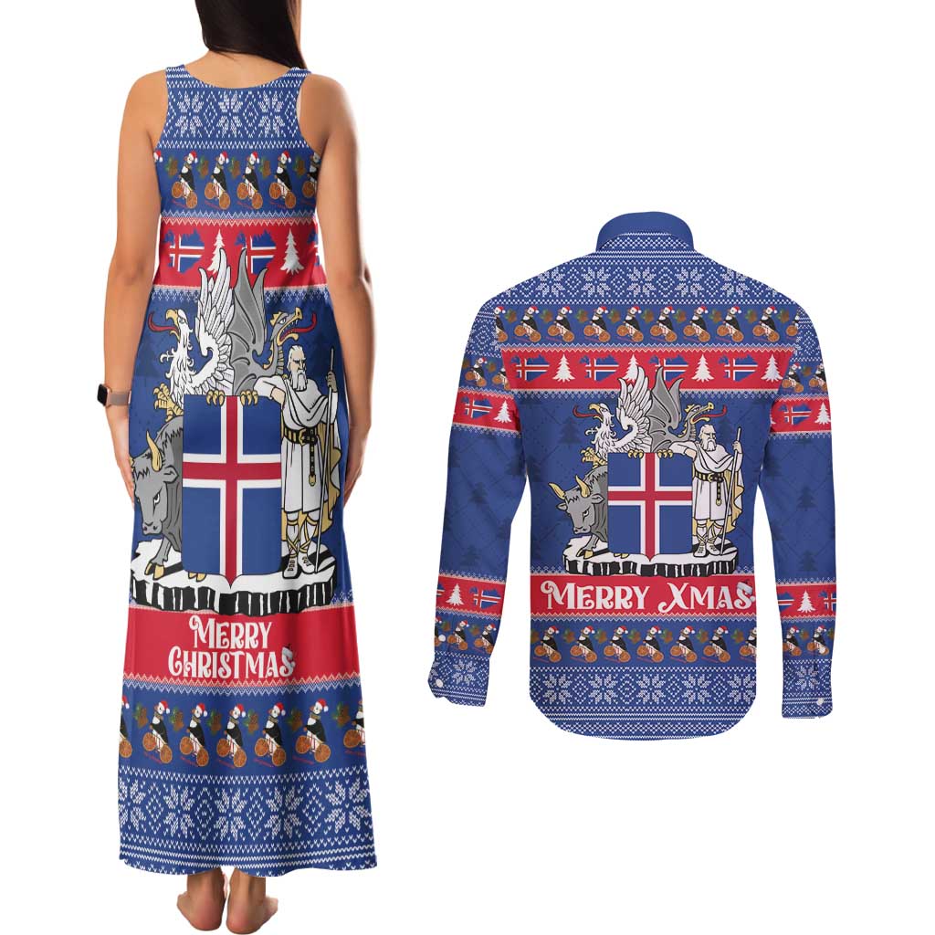 Iceland Christmas Couples Matching Tank Maxi Dress and Long Sleeve Button Shirt Coat Of Arms Christmas Pattern - Wonder Print Shop