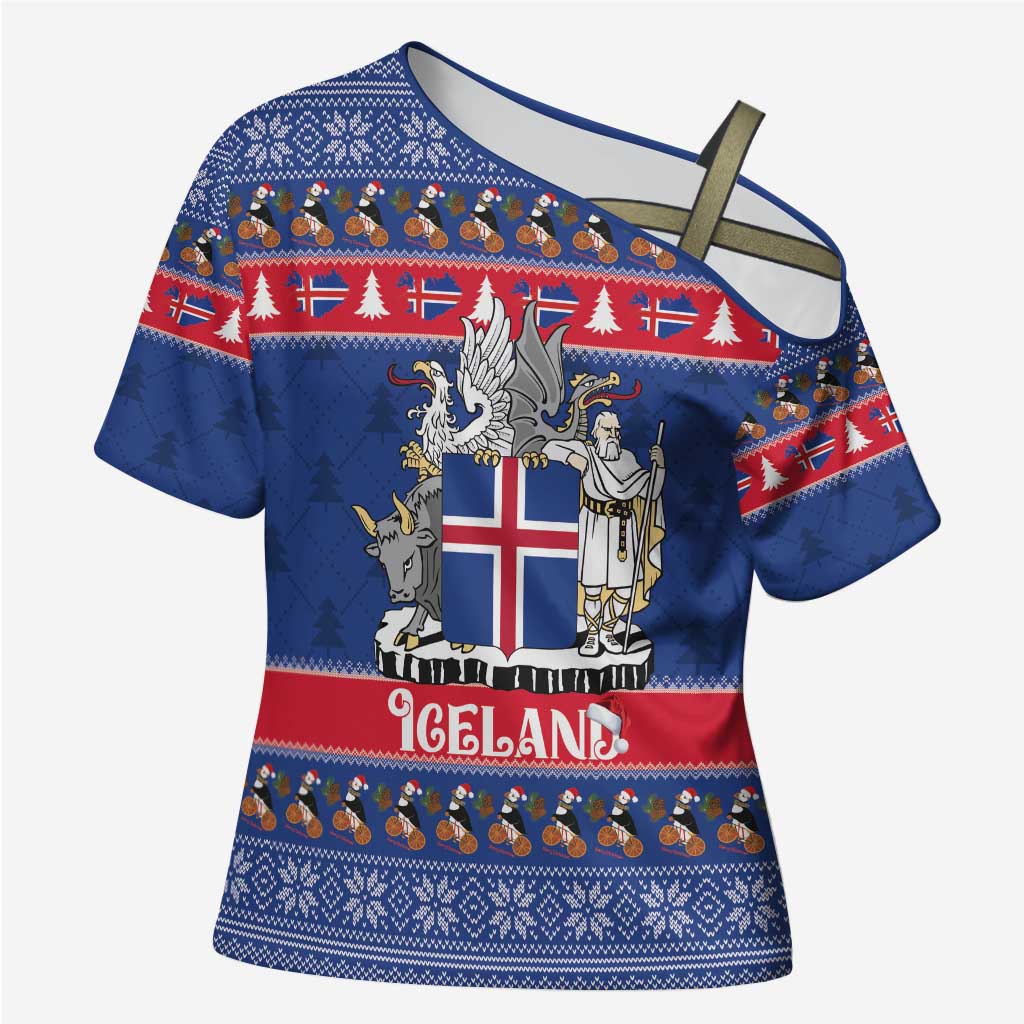Iceland Christmas Cross Shoulder Shirt Coat Of Arms Christmas Pattern - Wonder Print Shop